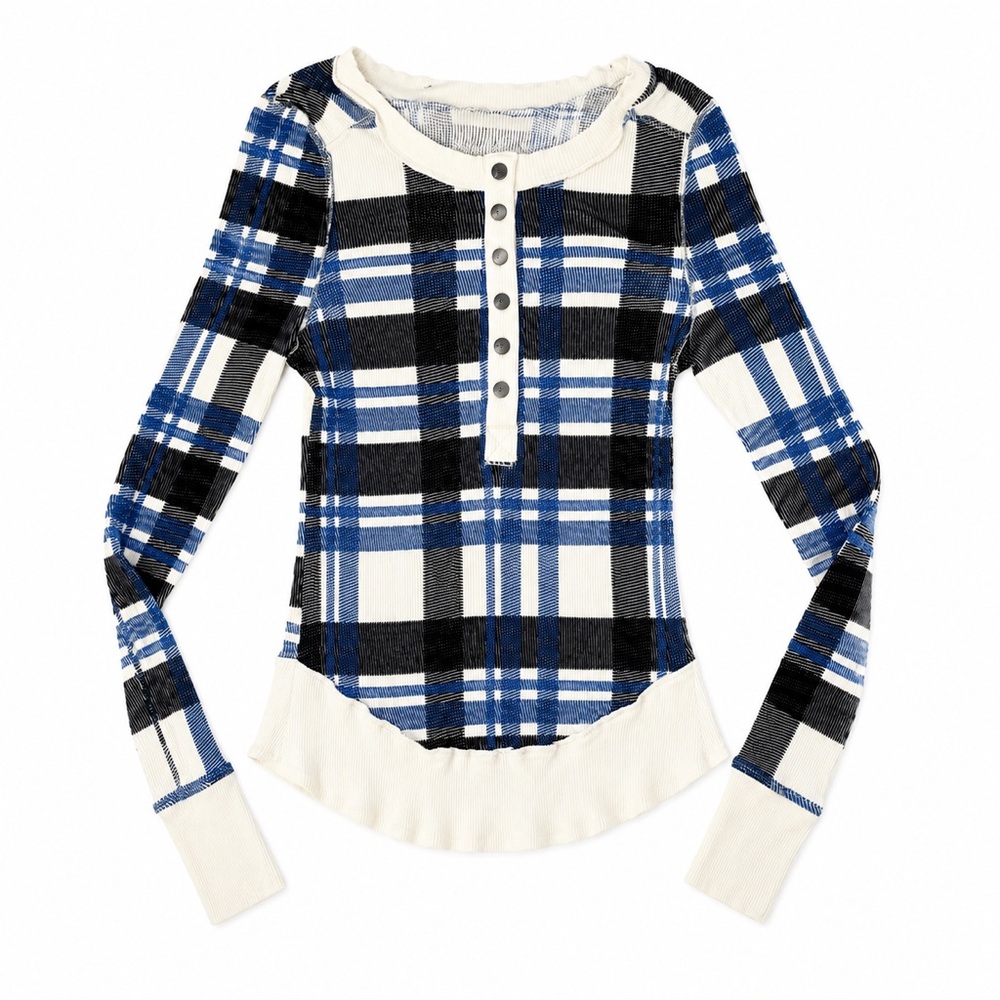 Free People Plaid Thermal Henley Top Blue Black Ivory Long Sleeve Women’s Large